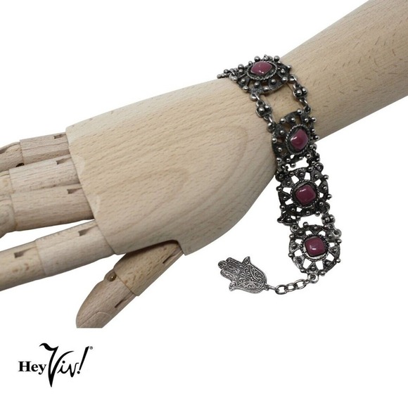 Vintage Souvenir Du Maroc Ornate Silver Bracelet w Square Beads & Hamsa -Hey Viv - Picture 2 of 6